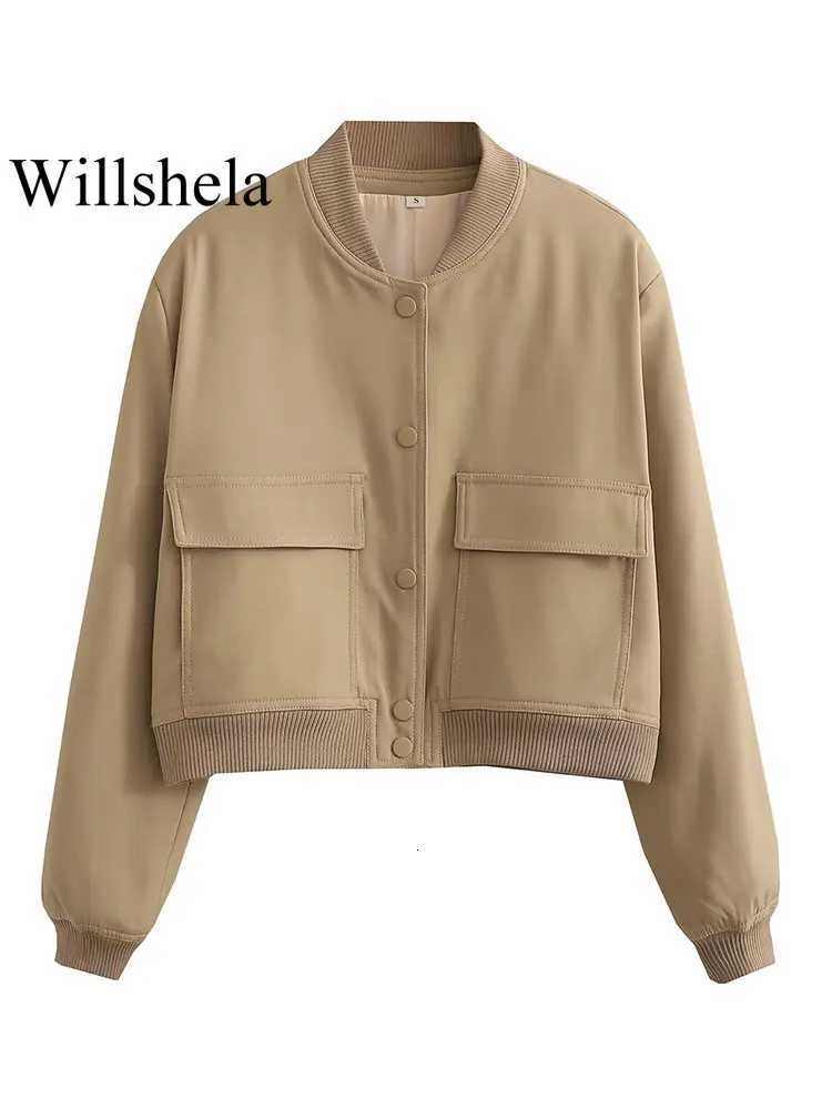 Willshela Women Fashion Solid Bomber Jackets Coat With Pockets V-Neck Single Breasted Long Sleeves Female Chic Lady OutfitsT260328