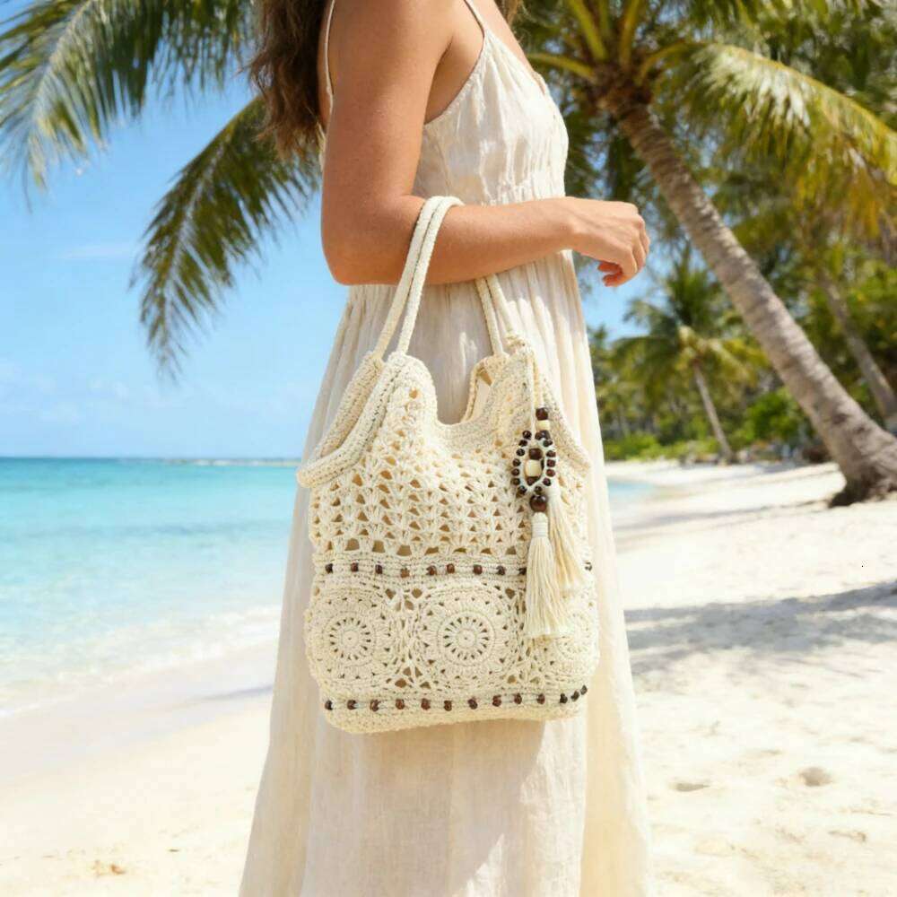 2026 New Crochet Knitting Openwork Woven Large Capacity Tassel Bead Shoulder Bag, Summer Beach Bag