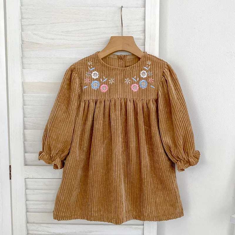 Spring Autumn Kids Baby Girls Long Sleeve Sweet Embroidery Flower Princess Dress New Black Girl Dress Children Clothes DressesT260330