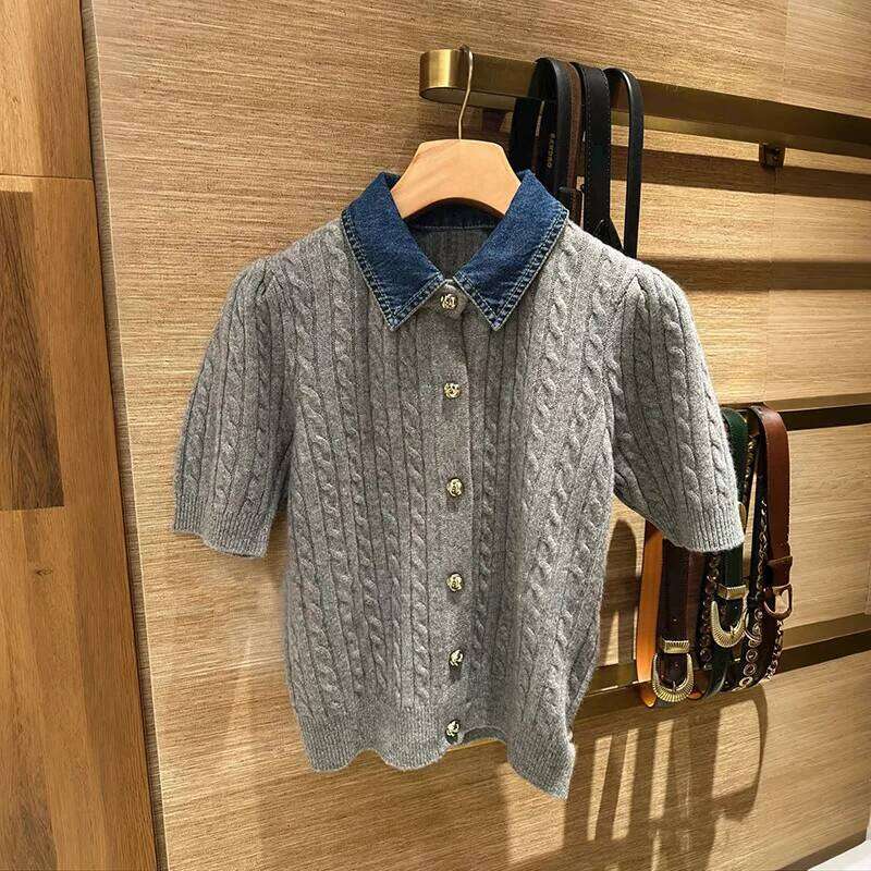 Women's Gray Gold Single Breasted Denim Splicing Twist Sweater 2025 New Knitted Cardigan Mdng260330