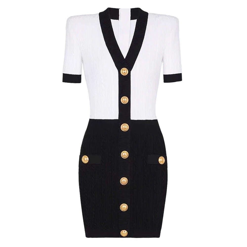 Summer new designer high-quality short sleeved V-neck knitted multifunctional A9 classic slim fit dress 2026