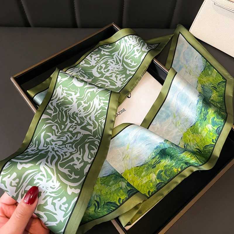 Green Woman Skinny Silk Scarf 147x14cm Long Hair Strip Silk Ribbon Small Neck Scarves Bag Handle Ribbon Kerchief Ladies Tie Z260330