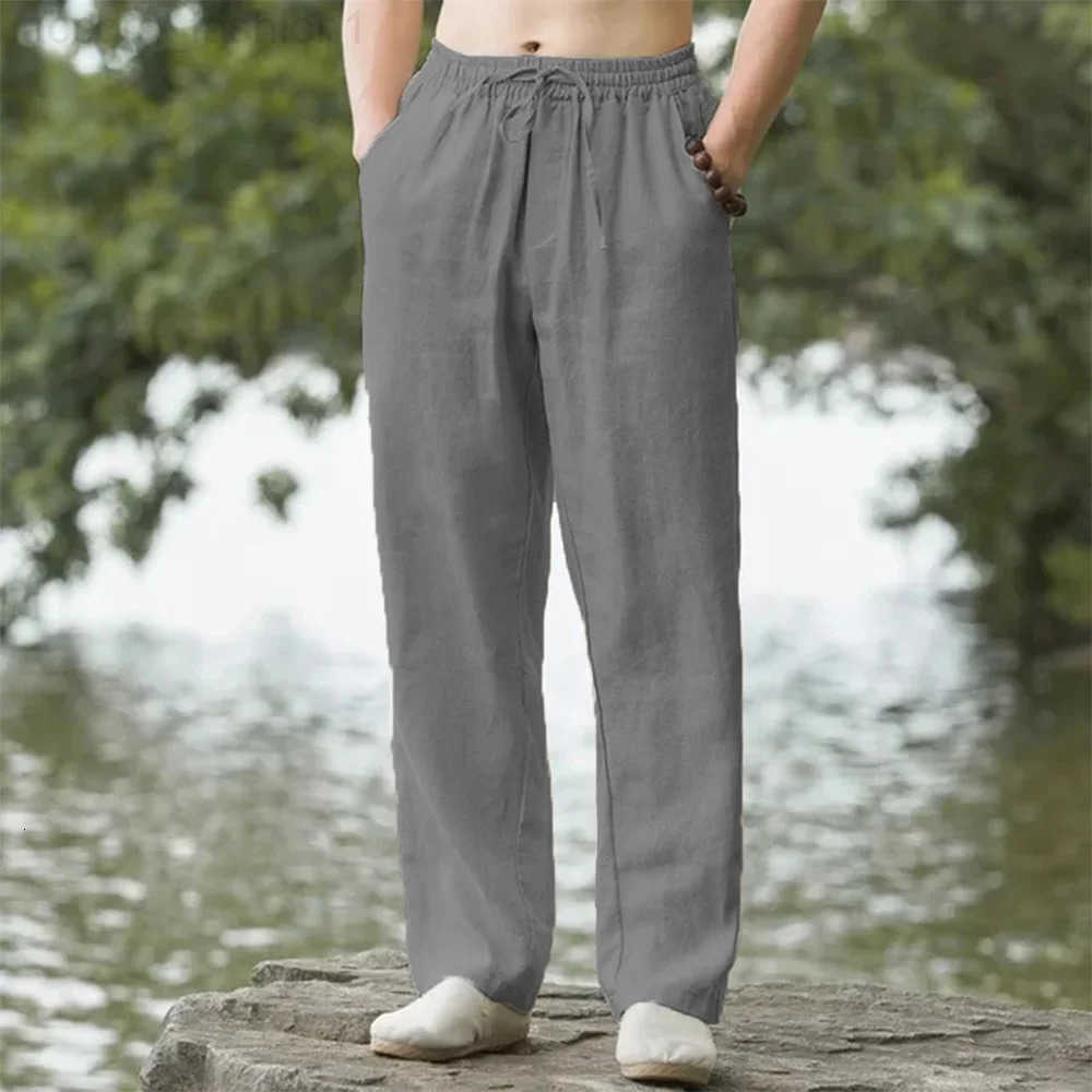 Mens Beach Pants Joggers Streetwear Cotton Linen Sweatpants Casual Pants Hawaiian Vacation Loose Summer Long H260330