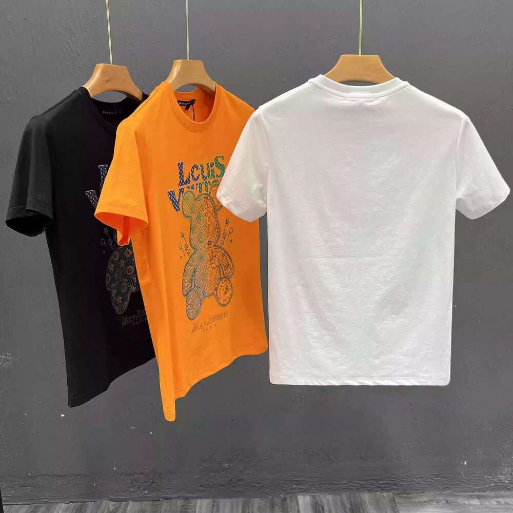 luxury Summer New Style Rhinestone Printed Bear Short T-Shirt Casual Round Neck Tee Shirt Half Sleeve Men's Top