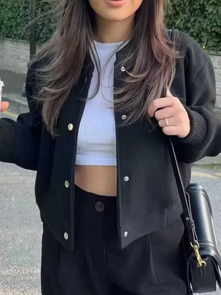 HH 2024 Female Street Fashion Solid Bomber Jacket Long Sleeves With Pockets Single Breasted Autumn Casual Coats Retro TopsT260328