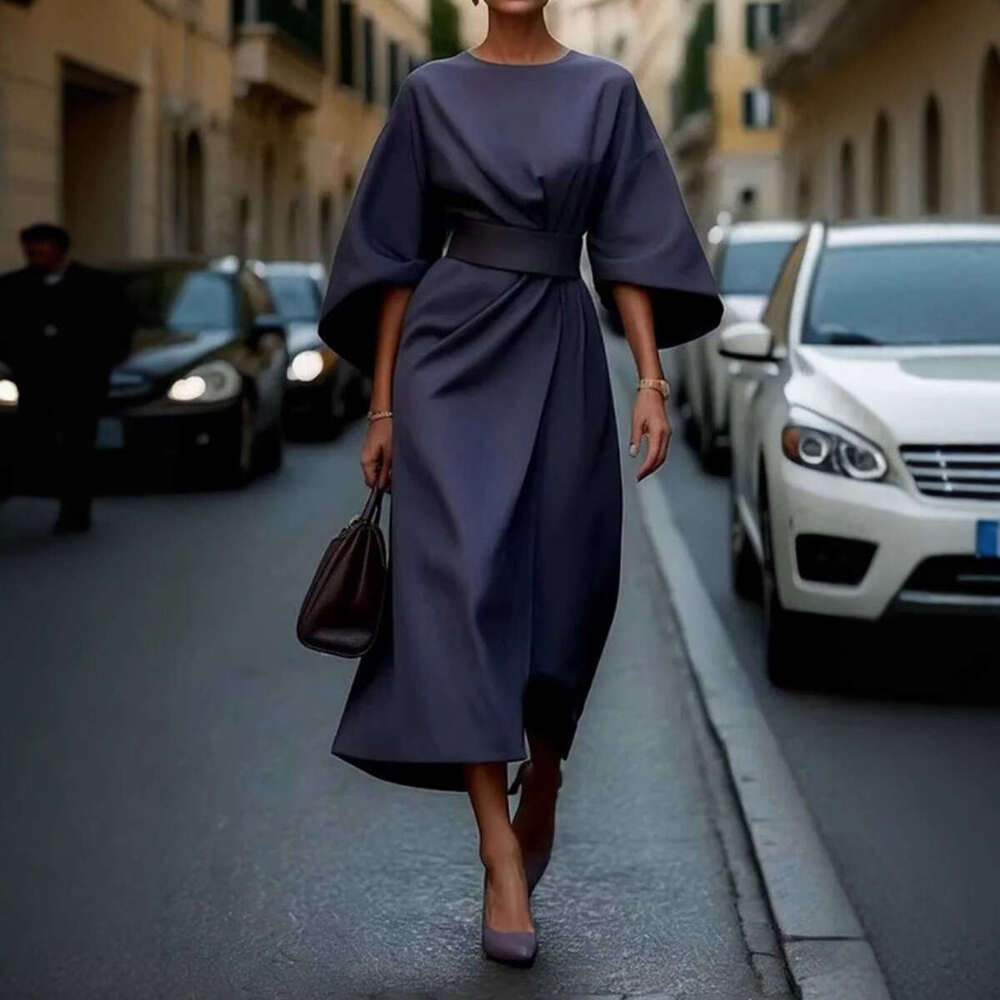 2026 Foreign Trade Women's Clothing European and American Cross-Border Fashion Elegant Solid Color Waist-Cinching Casual Bat-Sleeve Long Dress
