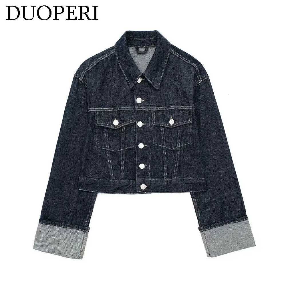 DUOPERI Women Fashion Denim Blue Single Breasted Jacket Lapel Neck Long Sleeves With Pockets Female Chic Lady Casual OutwearT260328