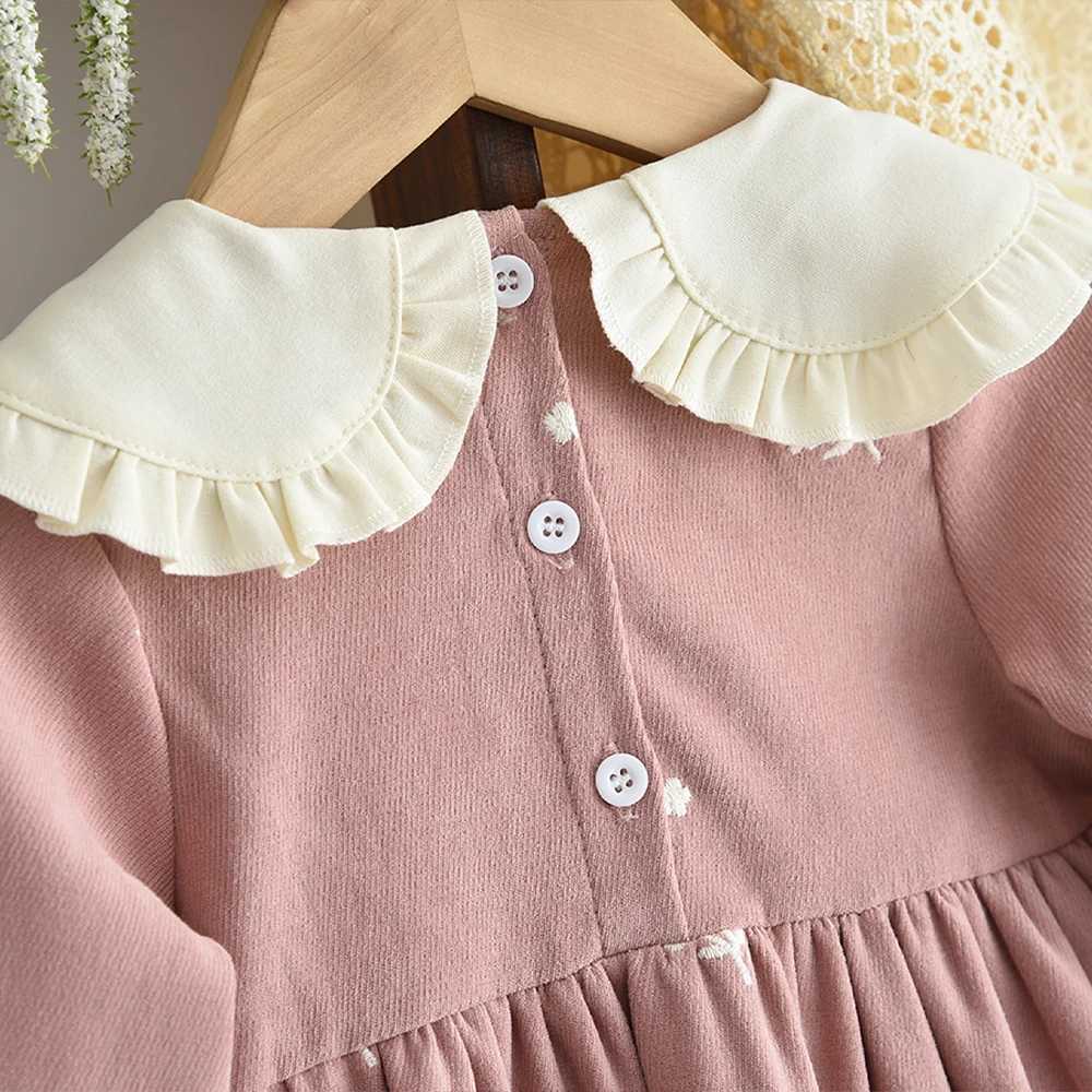 Sweet and Lovely Pink Baby Girl Doll Collar Long Sleeved Floral Princess Dress Korean Version Autumn NewT260330