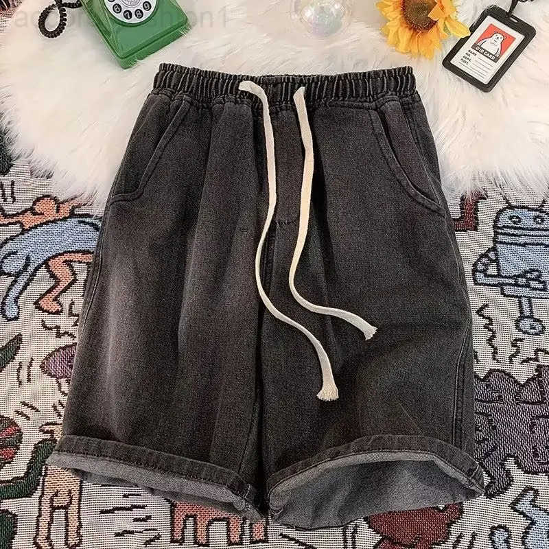 Denim shorts mens summer thin loose five quarter pants casual washed elastic waist straight leg shorts H260330