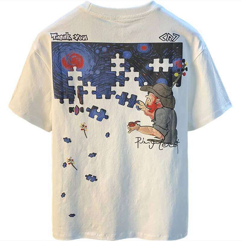 Fashionable Men's T-Shirt Trend Abstract Artistic Print Summer Loose Combed Cotton Comfortable Short Sleeved Top