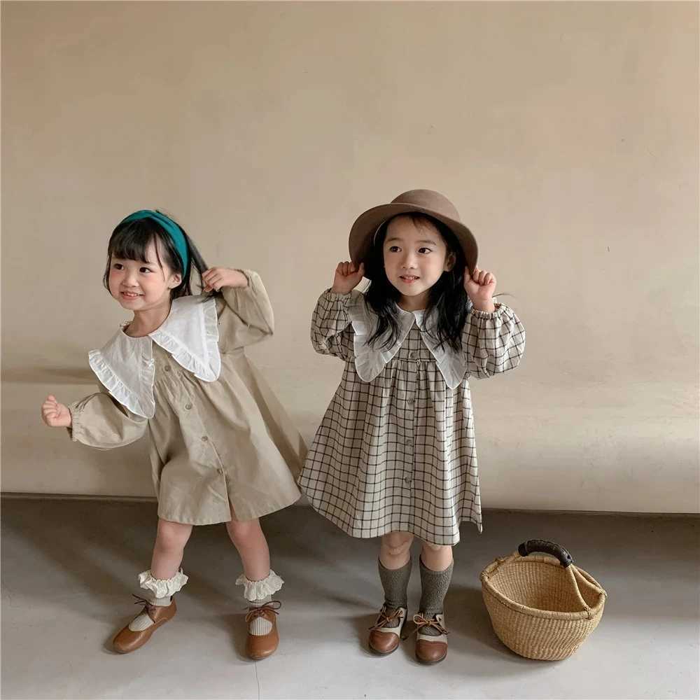 Baby Girls Dress Casual Plaid Clothes Summer New Korean Cotton Linen Girls Princess Dress Big Turn Down Collar DressT260330