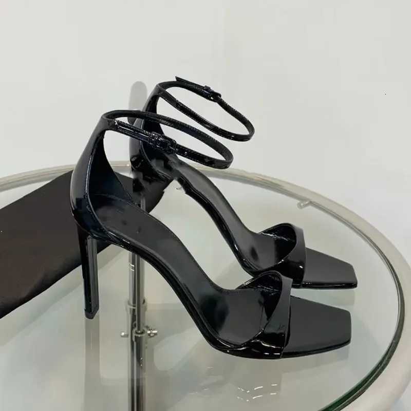 2024 Summer New European and American Fashion Black Square Head Ultra High Heels Thin Heels Strap Sandals for Women Z260330