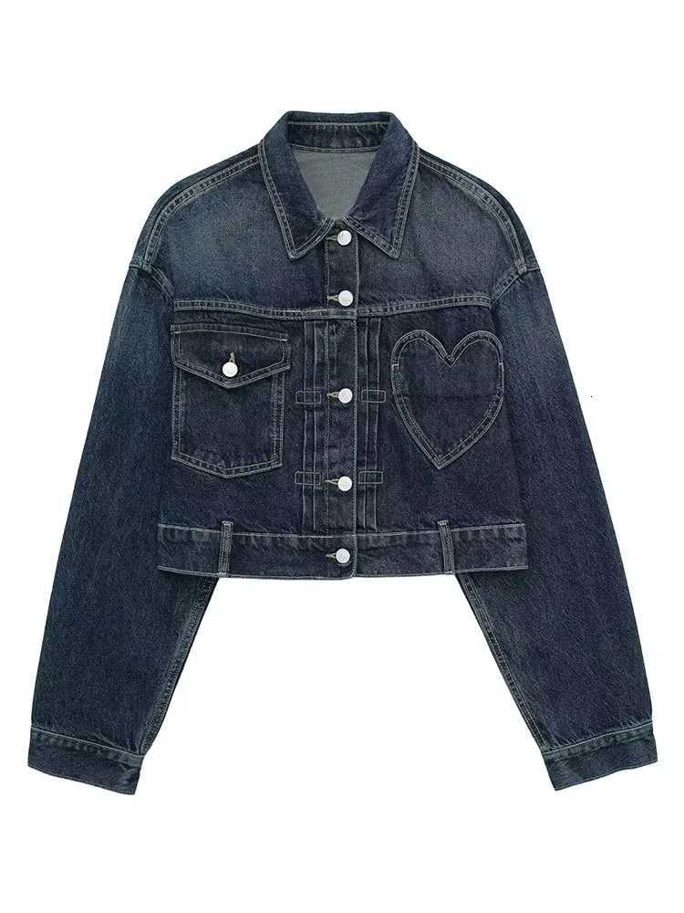 HH Women Dark Blue Denim Coat Heart Pattern Outerwear Long Sleeve Single Breasted Jacket Spring Female Chic Top CoatsT260328