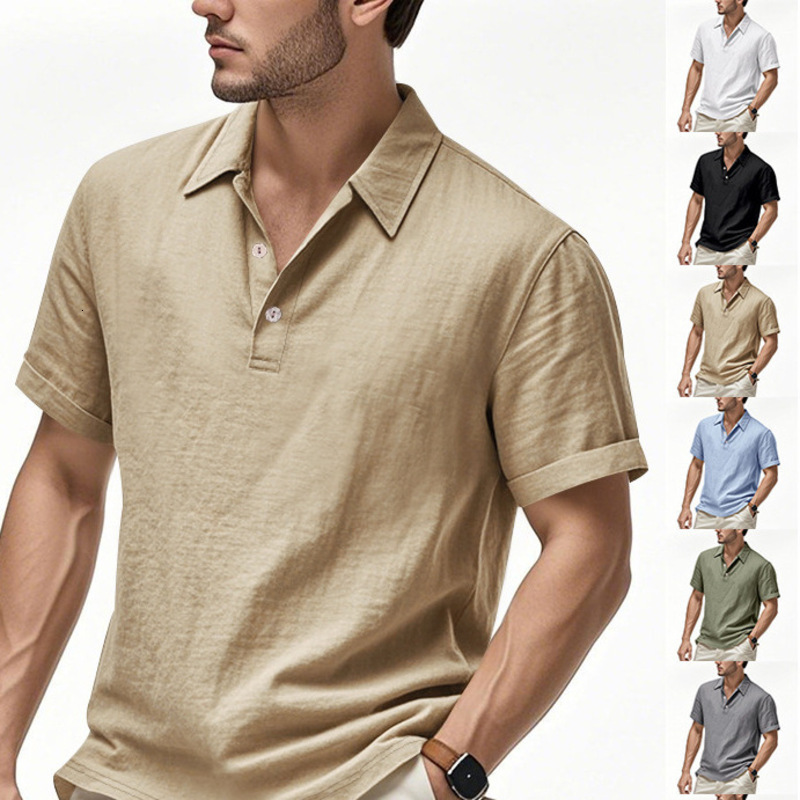 Men's Polos High End T Shirt Tops Mens European American Summer Designer Brand Linen Polo Shirt British Buttoned Turn-down Collar Simple Casual T