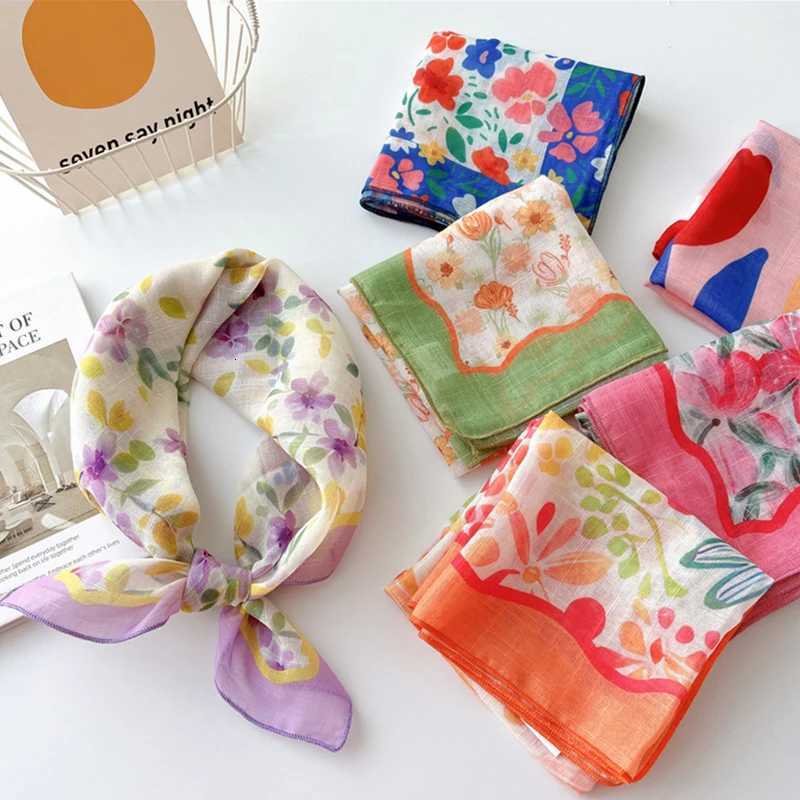 Floral Print Neckerchief Wen Korean Cotton Linen Square Scarf Elegant Neck Scarves Small Wraps Bandana Scarfs 5858Cm X260328