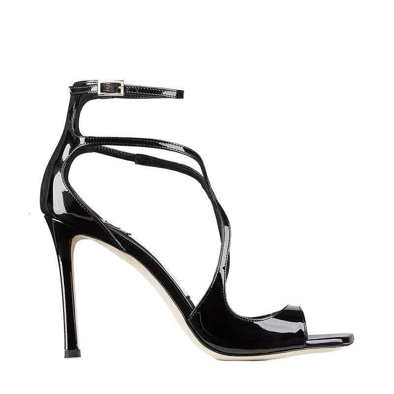 Women High Heels Square Toe Thin Heel Fish Mouth Black Patent Leather New Summer Sexy Cross Roman Sandals Women