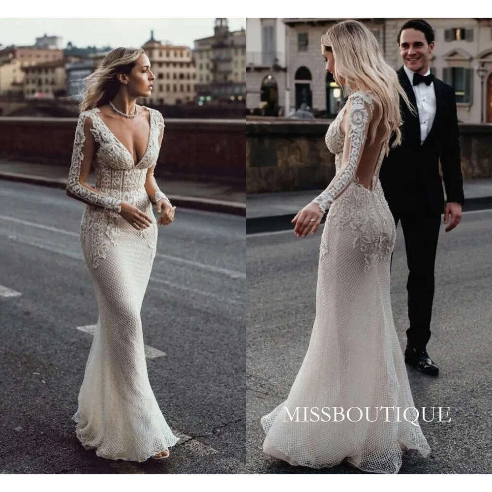 226 Designer Mermaid Wedding Dress With Long Sleeves Chic Ivory Lace Appliqued Bohemian Country Civil Bridal Gowns Sexy Deep V Neck Fitted Robe De Mar