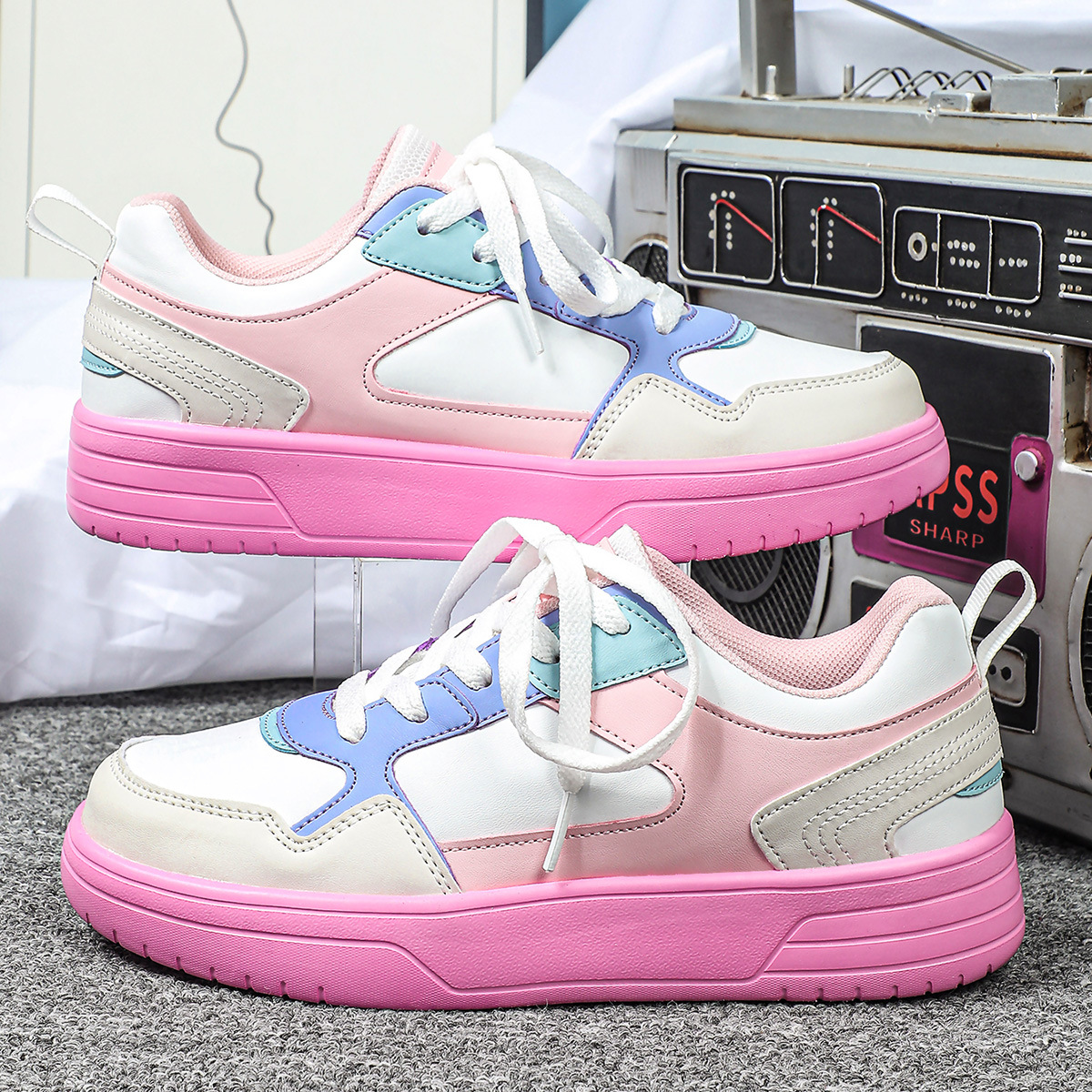 Kids Teen Women Men Pastel Color Block Platform Sneakers Casual Fashion PU Leather Walking Shoes Breathable School Daily Shoes Free Shipping