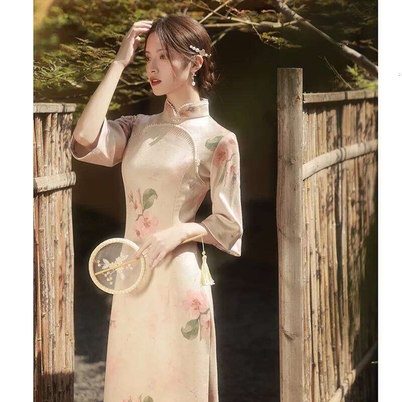 Pink Cheongsam Women2022 New Improved Qipao Spring Vintage Style Suede Young Girl 3/4 Sleeve Long Dresses MAKOUFEI