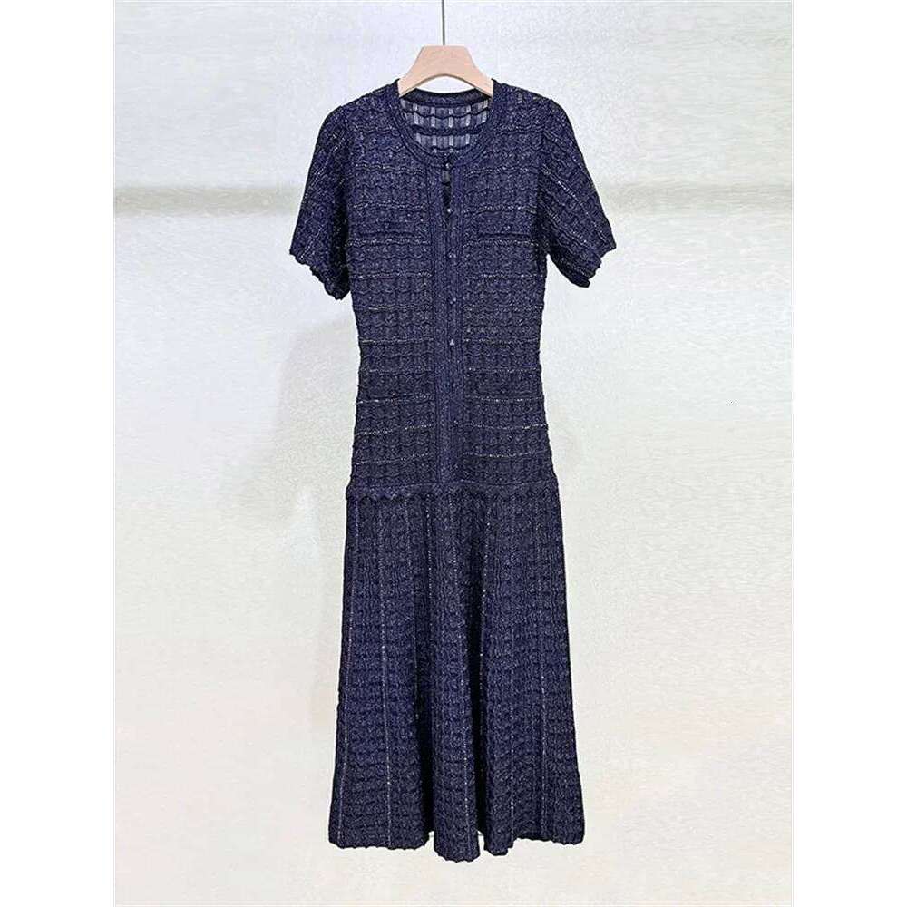 Women Diamond Embellished Sparkling Knitted Dress Hollow Out Elegant Female O-Neck Navy Blue Single Breasted Knit Midi Robe Mdng260330
