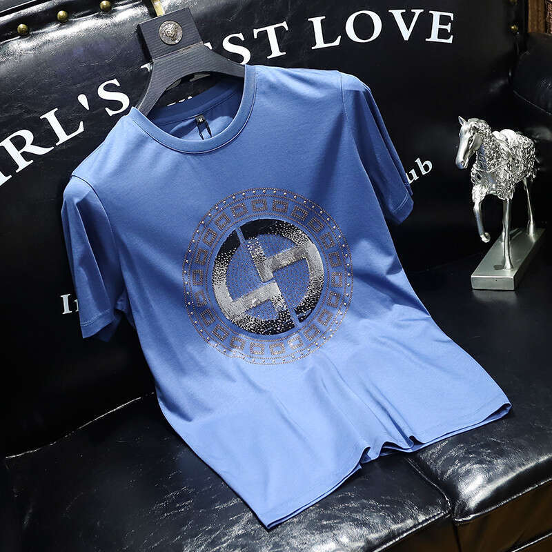 Mens short-sleeve T-shirt with rhinestones European style trendy fashion slim fit light luxury heavy-duty sequin half-sleeve tee