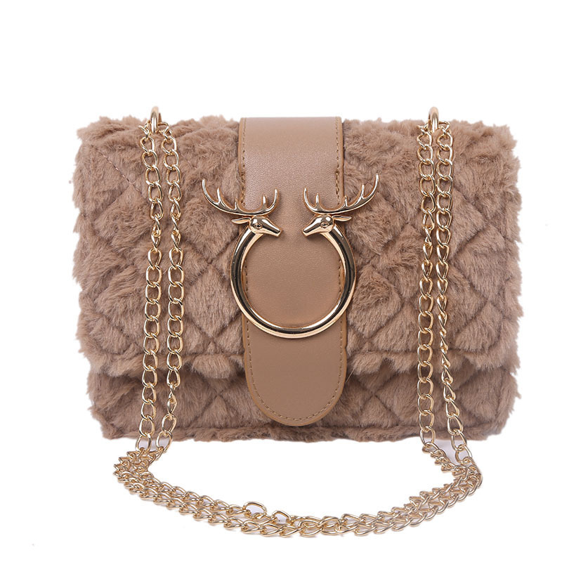 Free Shipping High Value Plush Crossbody Bag for Women Quilted Fur Purse with Deer Head Lock