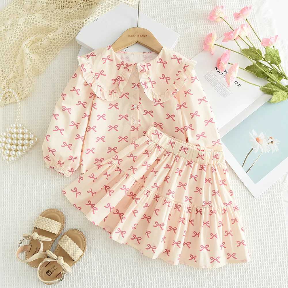 2025 New Girls Autumn Clothing Long Sleeve Flip Collar Printed Shirt Top Short Skirt Spring Fashion Casual Childrens SetT260330