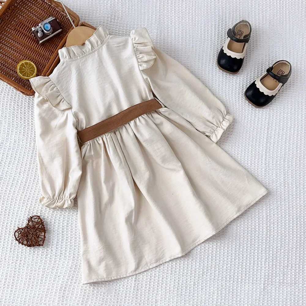 Autumn Plain Long Sleeved Stand Collar Tied Dress Solid Color Kids Dresses for Girls Daily Casual Clothes 3-7 Years OldT260330
