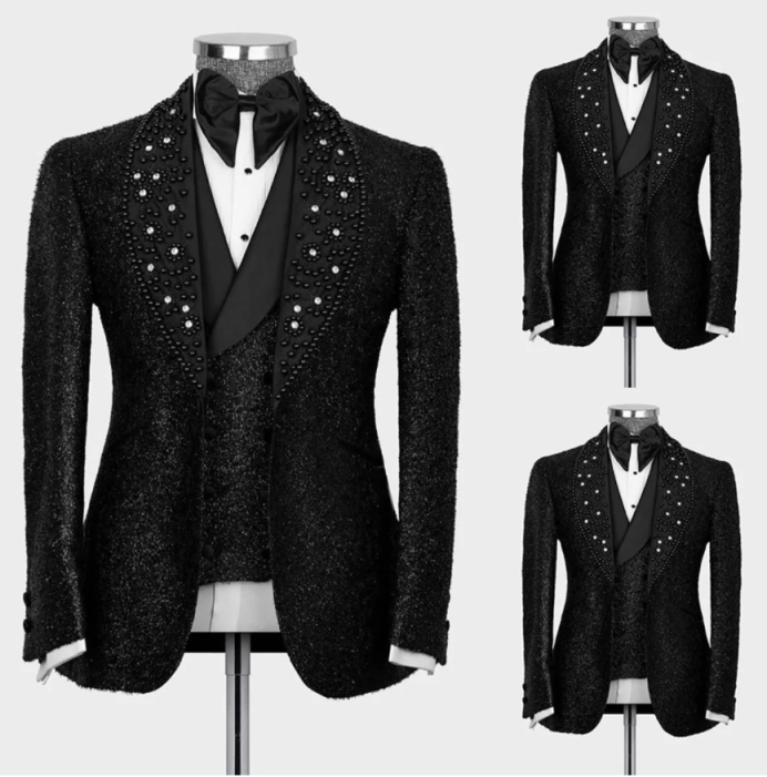 Gold Pearls Black Glitter Groom Wedding Tuxedo Tailored Made 3pcs Blazer Vest Pants Formal Male Prom Party Suit Business