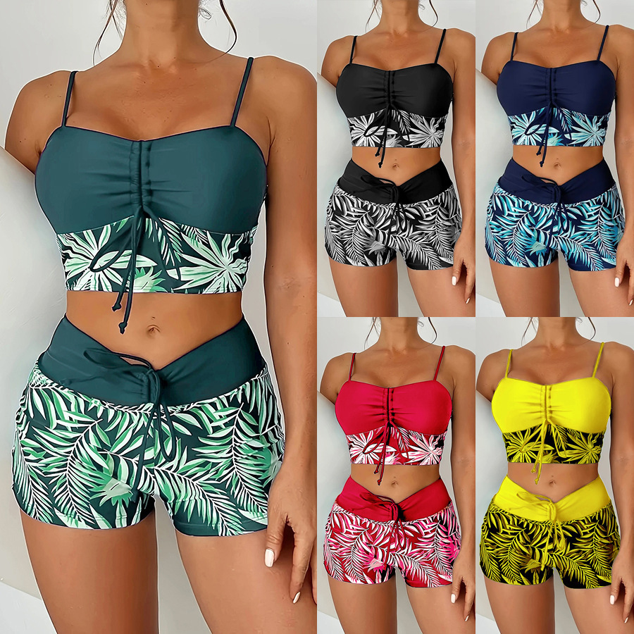 Free Shipping High Value 2026 European American foreign trade women's two-piece high-waisted swimwear with tie straps, printed and solid color, p
