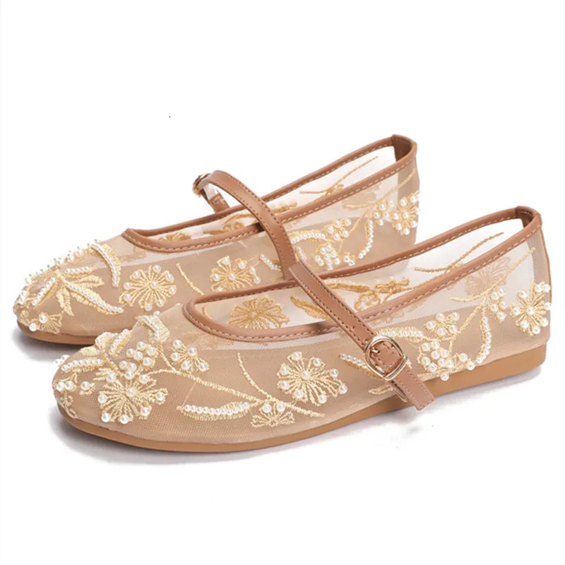 Embroidery String Bead Mesh Ballet Flats Women Fashion White Pearl Mary Jane Shoes Light Summer Flats Elegant Cozy Flat Sandals 260323