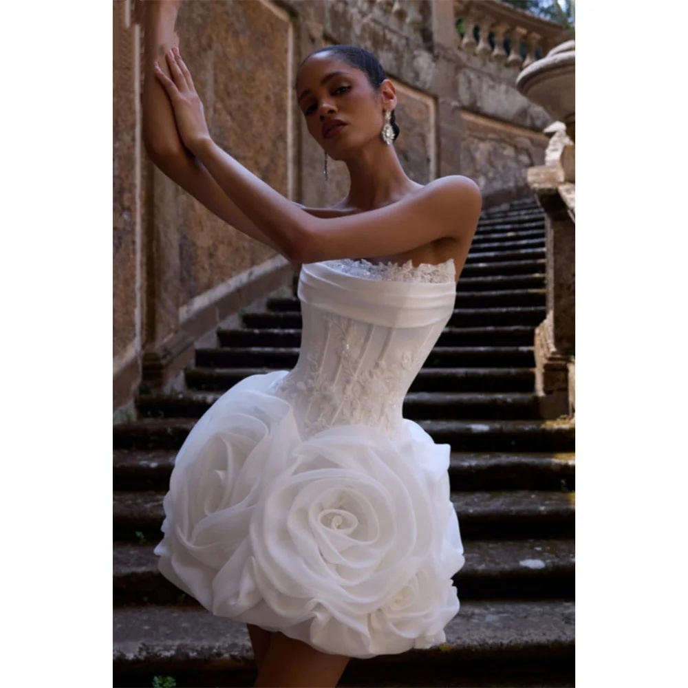 Modern Mini Evening Dresses For Women Strapless Sleeveless Gown 3D Flower Short Dress Party Customized Dress