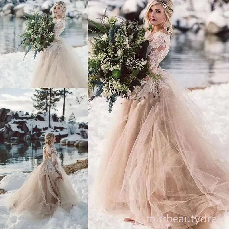 Champagne Lace Beach Wedding Dresses with Long Sleeves Tulle Backless Fairy Tale Bride Gowns Vestido De Noiva ZD10