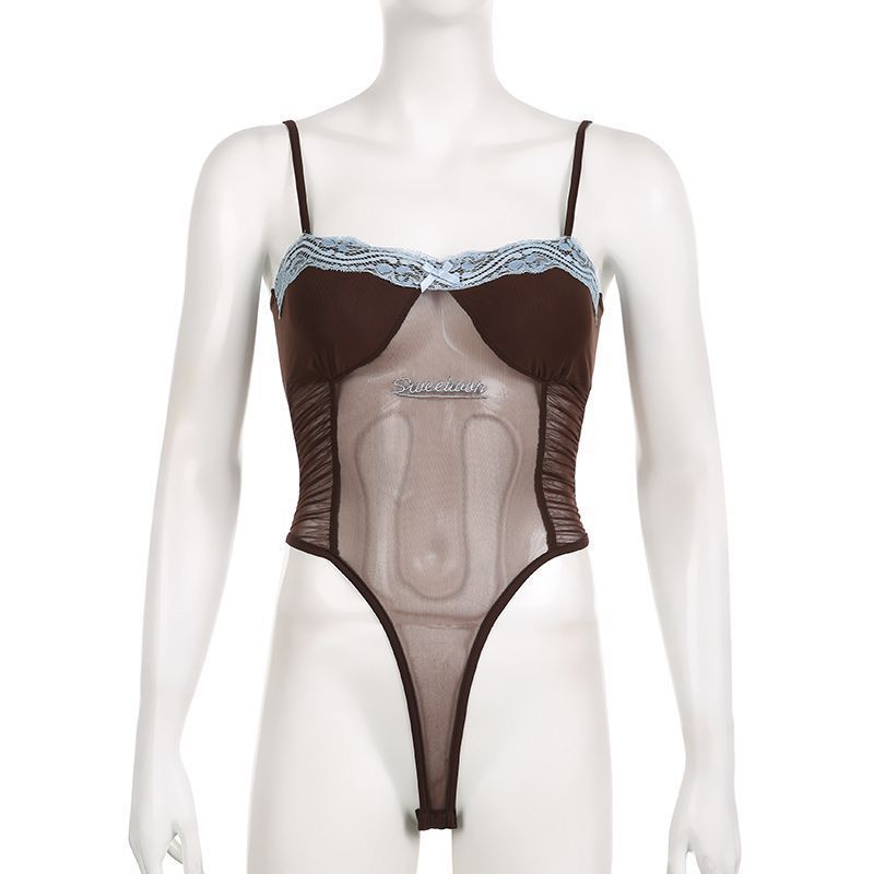 Women's Tanks Bodysuit With Breast Pads And Suspenders Pure Style Splicing Fishbone Mesh Specially Designed For Foreign Trade