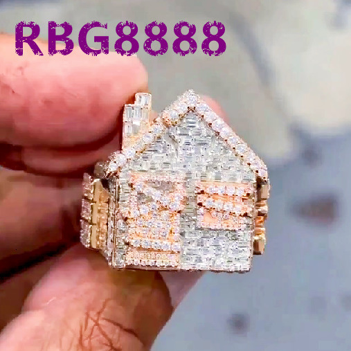 High Quality Moissanite Ring for Menluxury Baguette Cut House Shape Hip Hop Silver Iced Out Moissanite Ring