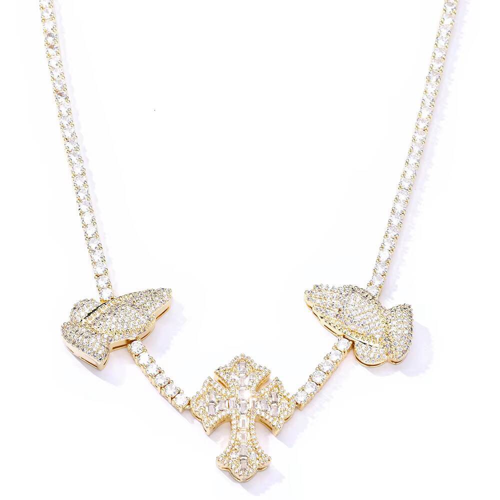 European American Vintage S925 Silver Moissanite Cross Praying Hands Tennis Chain Custom Hip Hop Mens Necklace