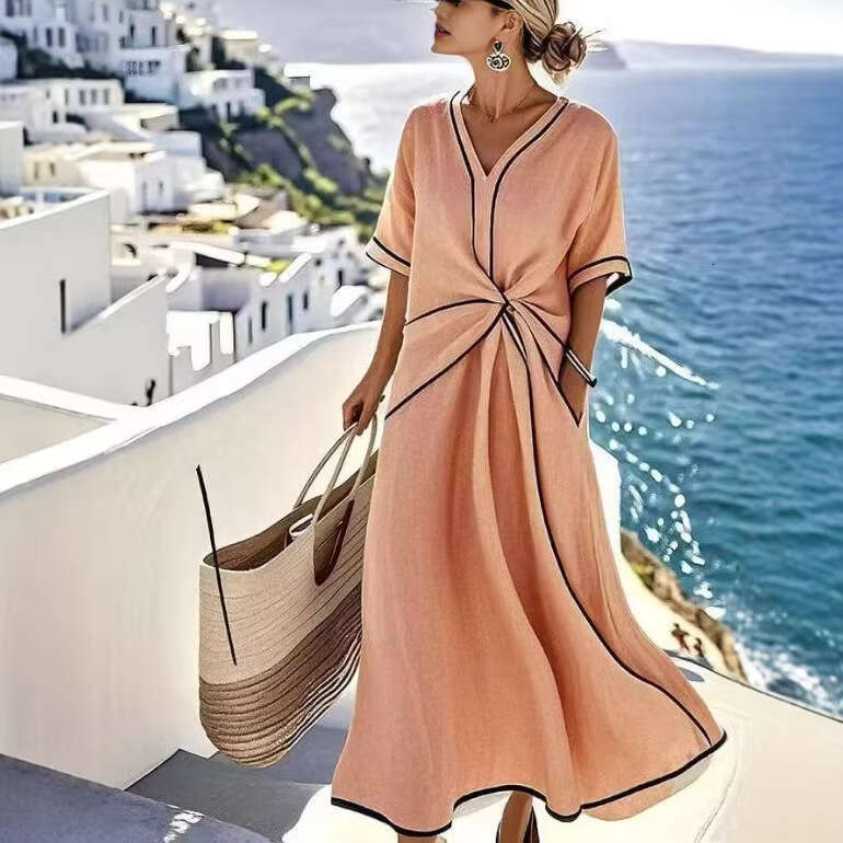 European and American Amazon V-neck Fashion Elegant Commuter Striped Dress Printed Women's