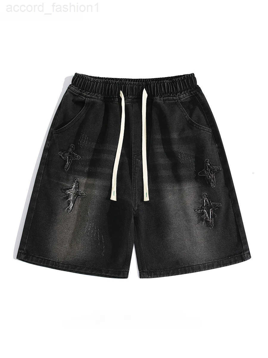 Mens Summer Patchwork Denim Shorts Trendy Brand High Street Drawstring Elastic Waist Casual Loose Versatile Five-quarter Pants H260330
