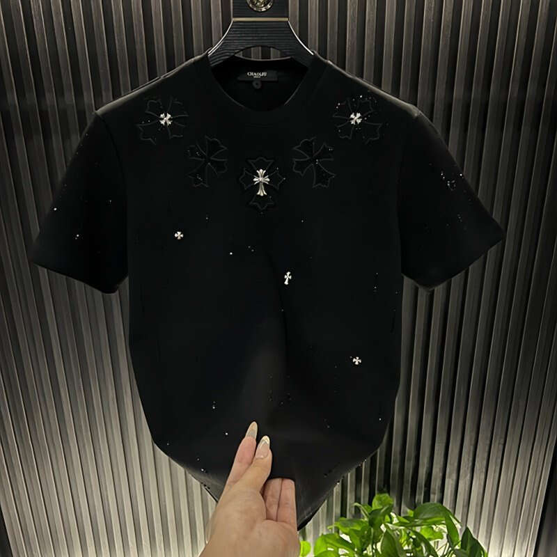 Summer New Men's Short Sleeve T-Shirt, Round Neck, Light Luxury High-End Style with Meteor Applique Embroidery