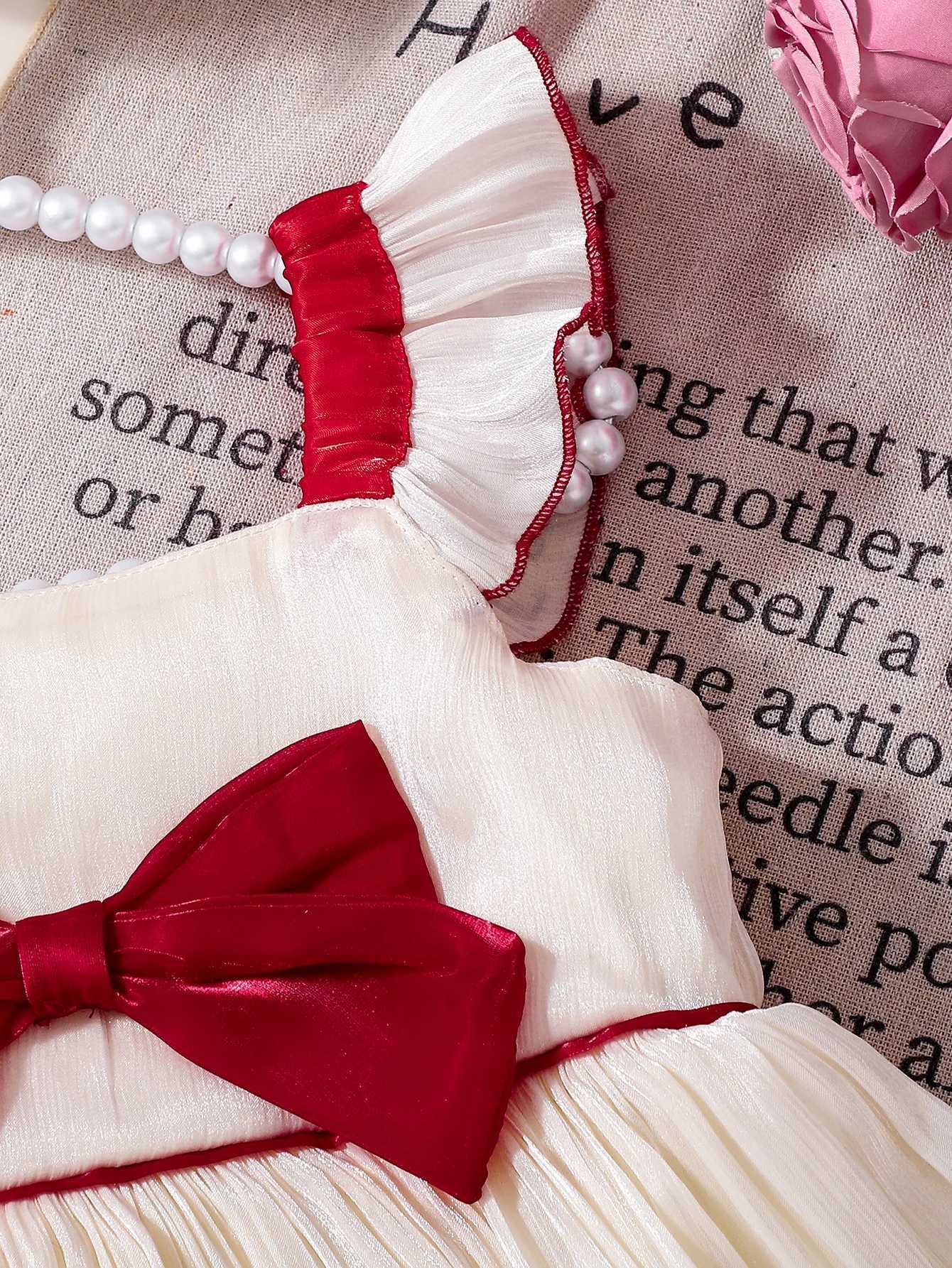 Summer New Arrival Girls Red And White Color Block Princess Dress with Large BowtieT260330
