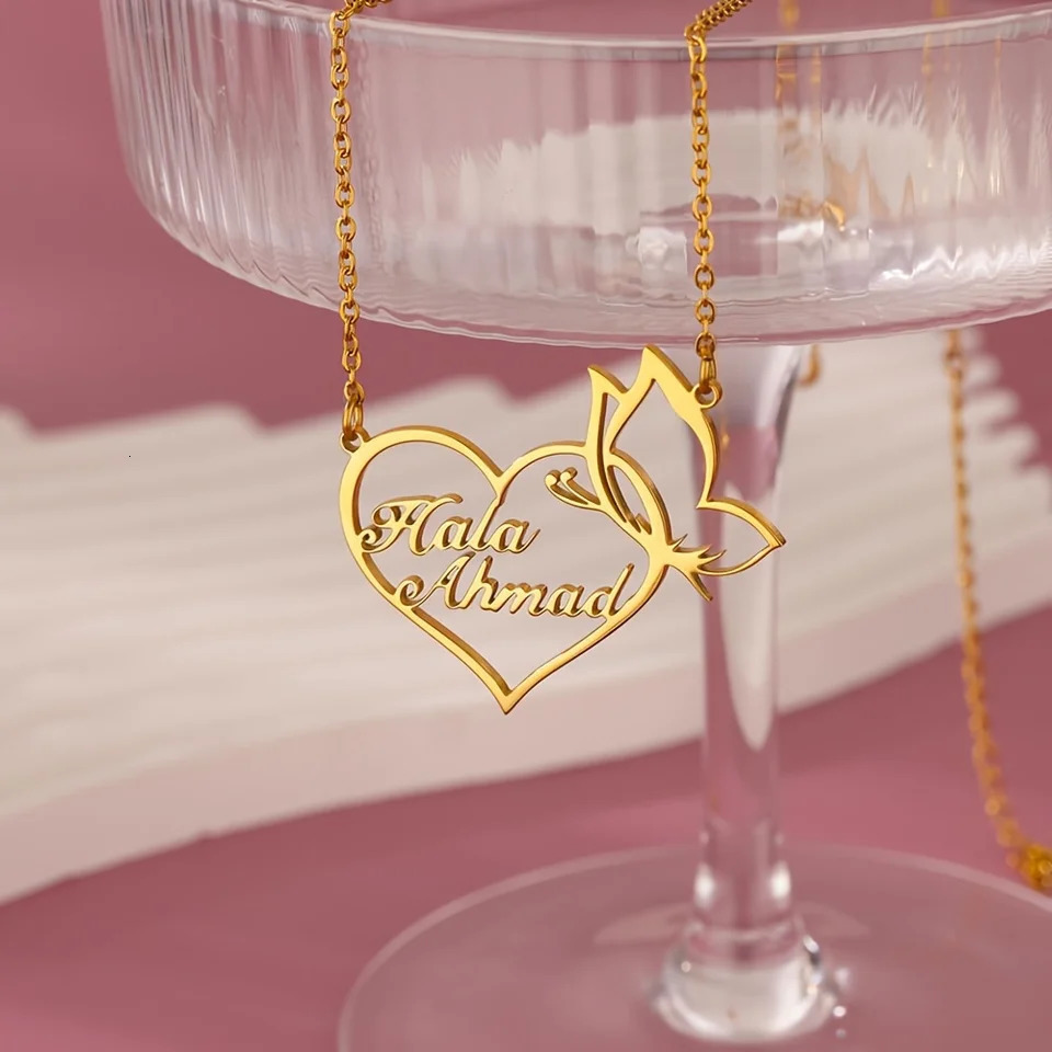 Custom Double Name Necklace For Women Stainless Steel Heart Butterfly Personalized Nameplate Necklaces Romantic Couple Jewelry 260327