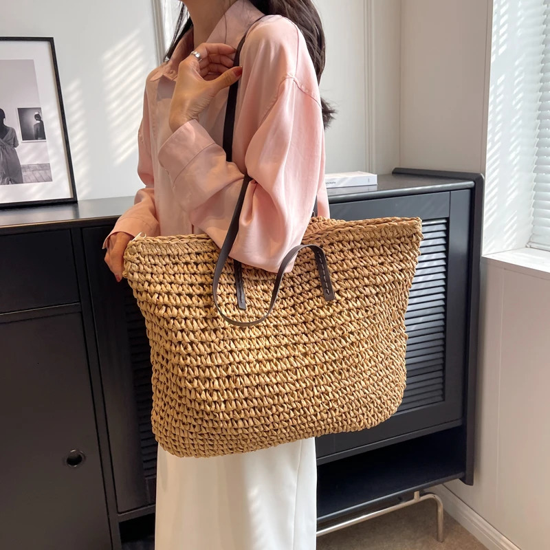 MOODS Straw Woven Tote Bags For Women Large Capacity Shoulder Beach Bag Pure Color Summer Big Shopping Handbag260316