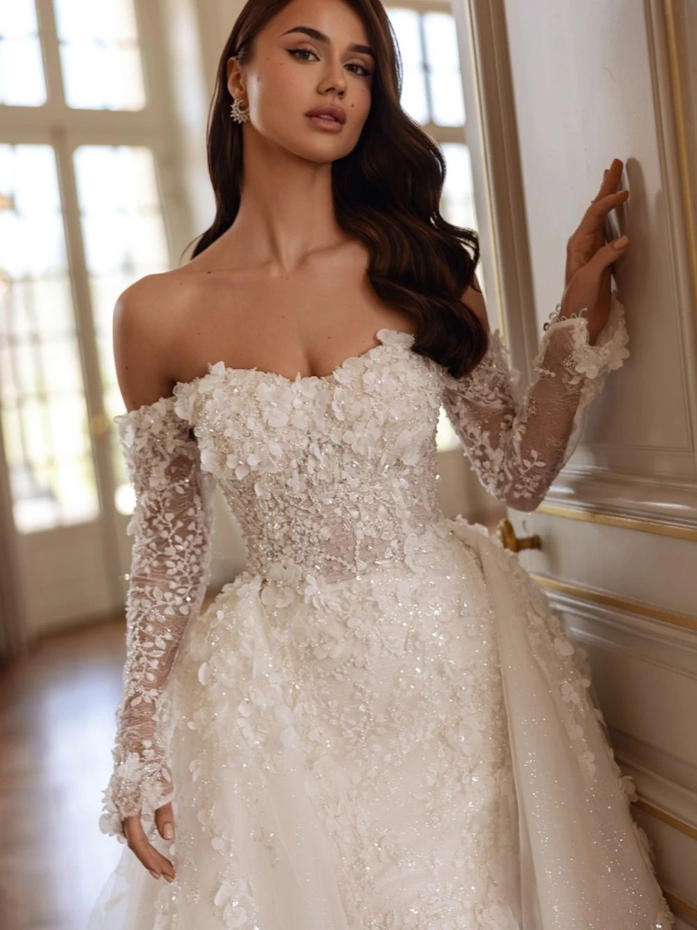 Gorgeous Off Shoulder Wedding Dresses 3D Flowers Bridal Gowns with Detachable Train Long Sleeves Mermaid Customized Vestidos De Novia Plus Size ZD10