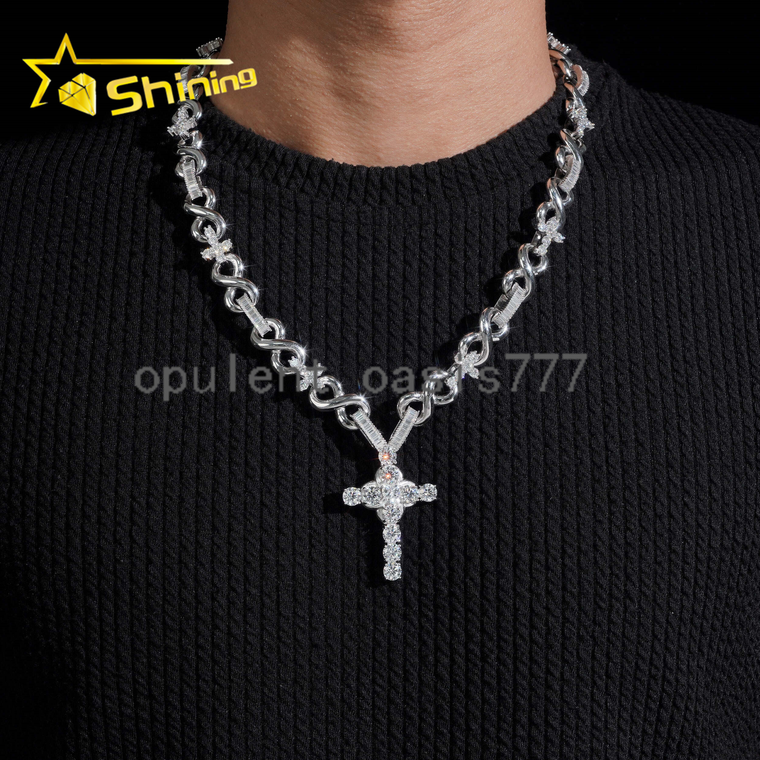 Popular Infinity Style 925 Silver Moissanite Cuban Link Chain with Cross Pendant Hip Hop Custom Cuban Links for Men