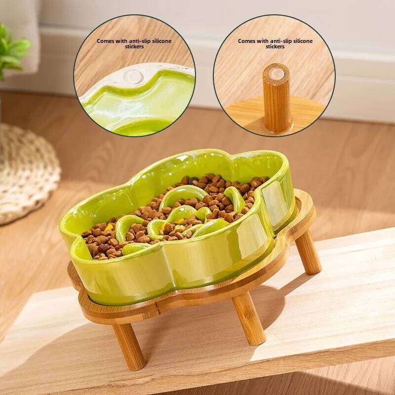 Ceramic Slow Anti-choking Medium and Large Dog Food Basin Cat Bowl with Wooden Frame Pet Feeding Supplies With 26W0330