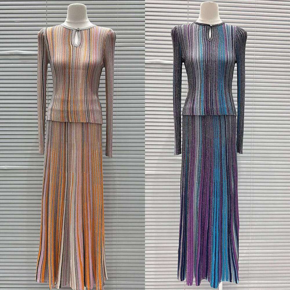 Spring Summer New Elegant Color Mix Striped Knitet Dress Set, Slim - Fitting Knitted Top + Midi Skirt Two-Piece Set Mdng260330