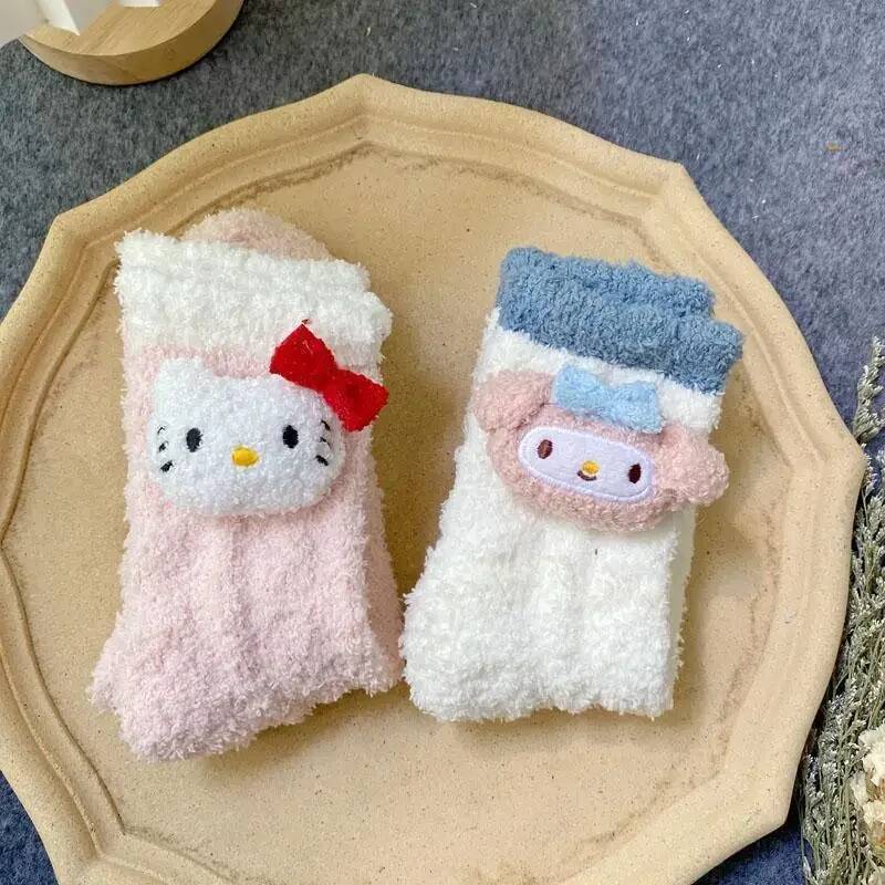 Designer Kawaii Hello Kitty Kuromi Plush Socks Coral Velvet Socks Plush Stuff Things Cinnamoroll Melody Plush Sock Winter Warm Sock Gifts