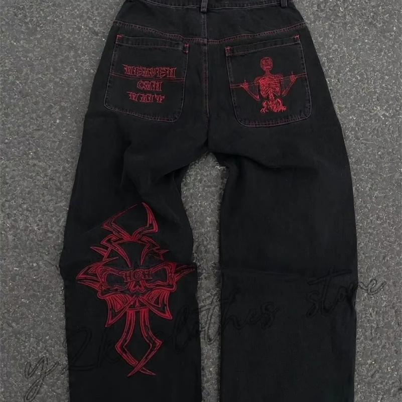 Street Fashion Trend Skull Embroidered Jeans Women Harajuku Y2K Hip Hop Joker Straight Wide-leg Pants Couple Casual Jeans 260327