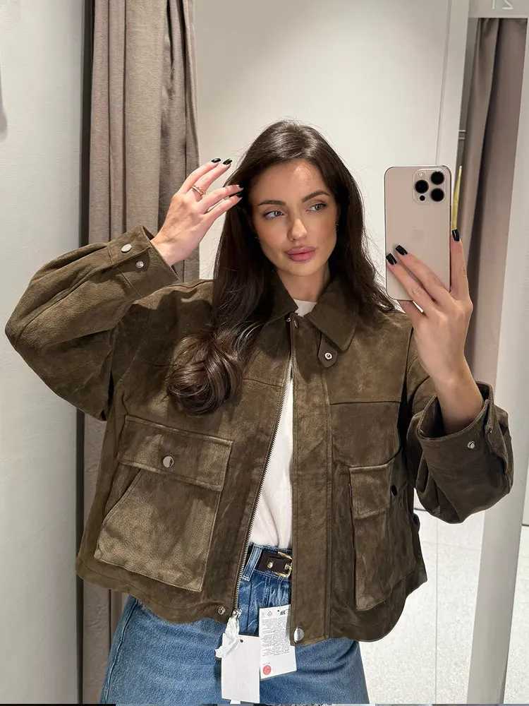 HH Women Vintage Solid Lapel Coats Long Sleeve Zipper Jacket With Pockets 2025 Autumn Fashion Lady High Street Lady OutwearT260328