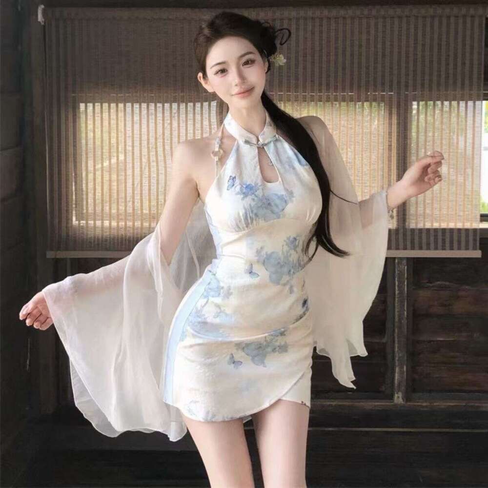 New Chinese Style Cool Feeling Printed Sleeveless Improved Cheongsam For Women Elegant Socialite Vintage Super Fairy Bodycon Short Dress Qipao Hanfu S